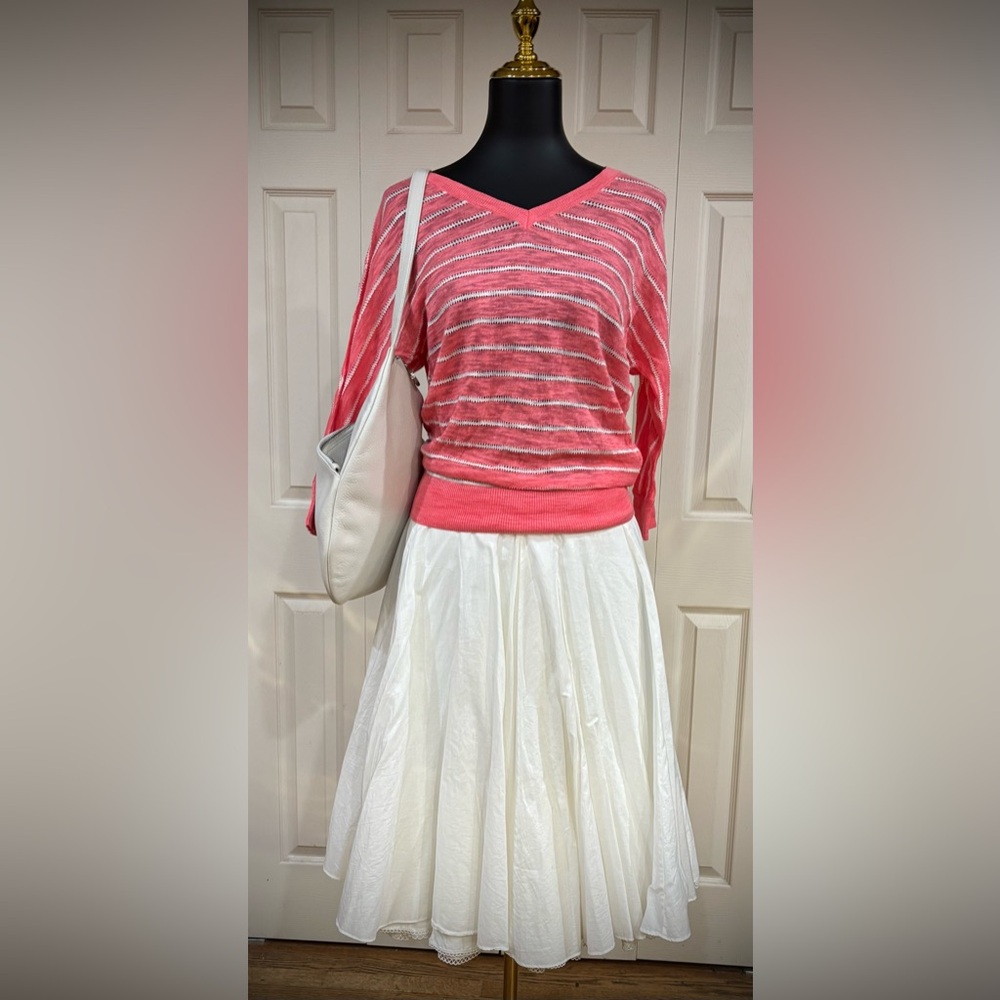 🌸 DKNY long-3/4 sleeve, striped v-neck knit sweater, watermelon pink, Pointelle - Picture 4 of 14